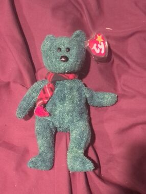 Ty Green Plush Teddy Bear with Red Scarf "Wallace"